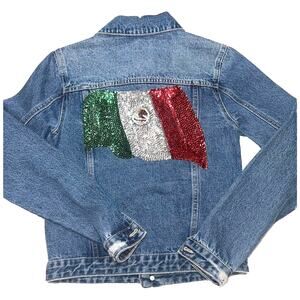 Hija De Tu Made Denim Jacket Women’s Size XS Blue Sequin Mexican Flag Distressed